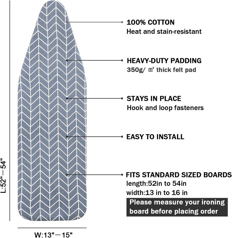 LCLW Ironing Board Cover and Pad Standard Size 15 x 54,3 Pairs of Hook and Loop Fastener Straps,Elastic Edges,Cotton Iron Board Cover with Scorch Resistant Thick Padding (Pattern H) - Image 2